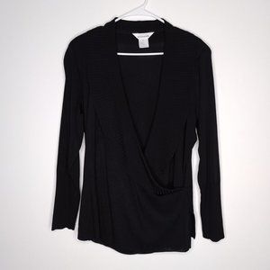 Misook Black Wrap Front Deep V-Neck Ribbed Accent Long Sleeve Blouse XL